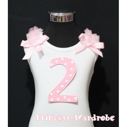 2nd Birthday White Tank Top with Light Pink White Polka Dots Print number with Light Pink Ribbon and ruffles TM36 