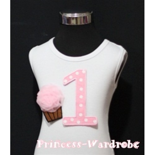 1st Birthday White Tank Top with Light Pink White Polka Dots Print number and Light Pink Rosettes Cupcake TM39 