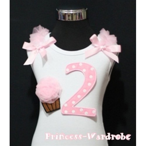 2nd Birthday White Tank Top with Light Pink White Polka Dots Print  TM42number and Light Pink Rosettes Cupcake with Light Pink Ribbon and ruffles TM42 