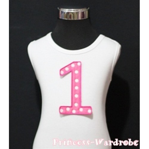 1st Birthday White Tank Top with Hot Pink White Polka Dots Print number TM45 