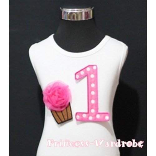 1st Birthday White Tank Top with Hot Pink White Polka Dots Print number and Hot Pink Rosettes Cupcake TM51 