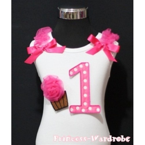 1st Birthday White Tank Top with Hot Pink White Polka Dots Print number and Hot Pink Rosettes Cupcake and Hot Pink Ribbon, Ruffles TM52 