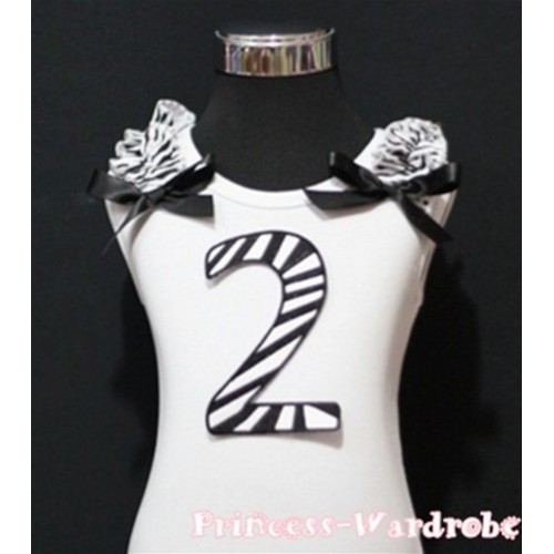 2nd Birthday White Tank Top with Black Zebra Print number with Black Ribbon and Zebra ruffles TM60 