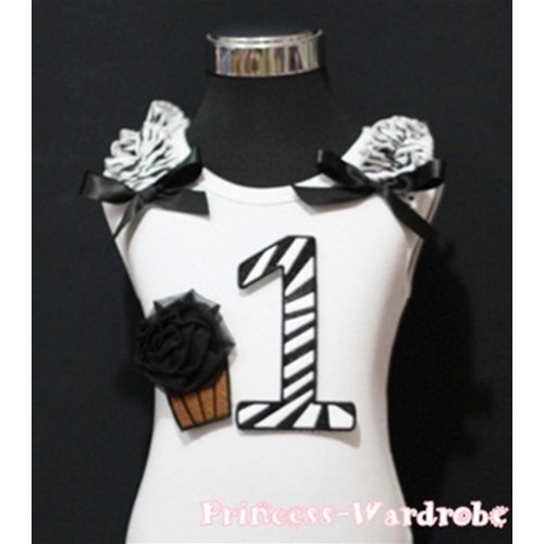1st Birthday White Tank Top with Black Zebra Print number and Black Rosettes Cupcake and Black Ribbon, Zebra Ruffles TM64 