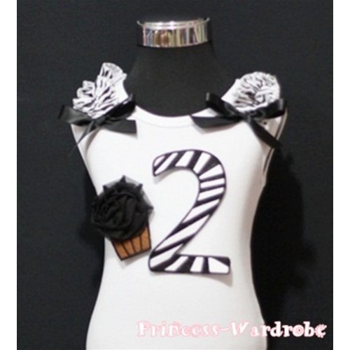2nd Birthday White Tank Top with Black Zebra Print number and Black Rosettes Cupcake with Black Ribbon and Zebra ruffles TM66 