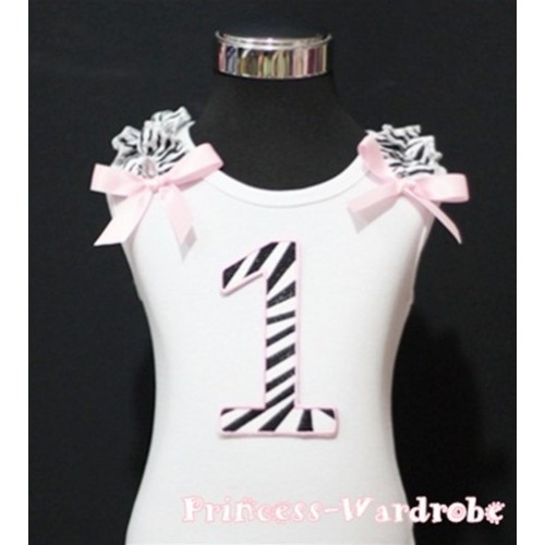 1st Birthday White Tank Top with Light Pink Zebra Print number with Light Pink Ribbon and Zebra ruffles TM70 