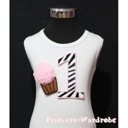 1st Birthday White Tank Top with Light Pink Zebra Print number and Light Pink Rosettes Cupcake TM75 