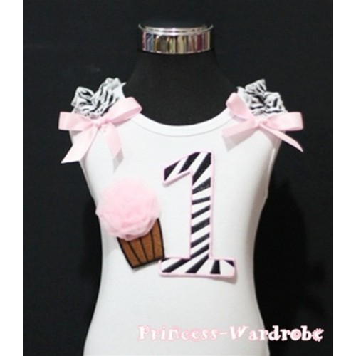 1st Birthday White Tank Top with Light Pink Zebra Print number and Light Pink Rosettes Cupcake and Light Pink Ribbon, Zebra Ruffles TM76 