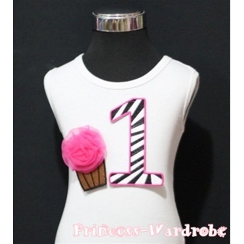 1st Birthday White Tank Top with Hot Pink Zebra Print number and Hot Pink Rosettes Cupcake TM87 