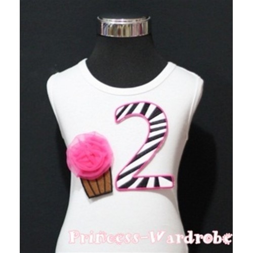 2nd Birthday White Tank Top with Hot Pink Zebra Print number and Hot Pink Rosettes Cupcake TM89 
