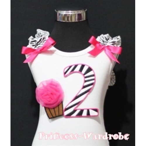 2nd Birthday White Tank Top with Hot Pink Zebra Print number and Hot Pink Rosettes Cupcake with Hot Pink Ribbon and Zebra ruffles TM90 