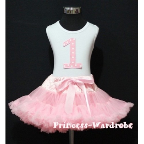 White Tank Top &1st Birthday Light Pink White Polka Dots Print number with Light Pink Pettiskirt MM13 