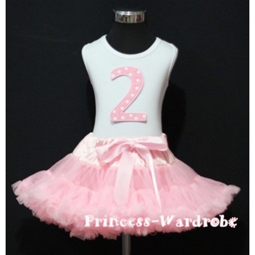 White Tank Top & 2nd Birthday Light Pink White Polka Dots Print number with Light Pink Pettiskirt MM14 