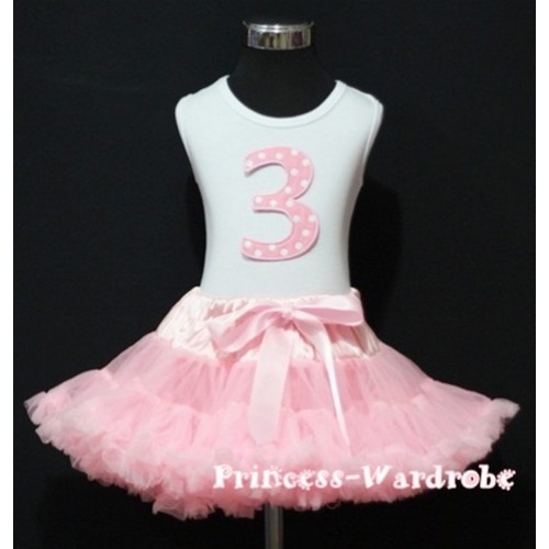 White Tank Top & 3rd Birthday Light Pink White Polka Dots Print number with Light Pink Pettiskirt MM15 