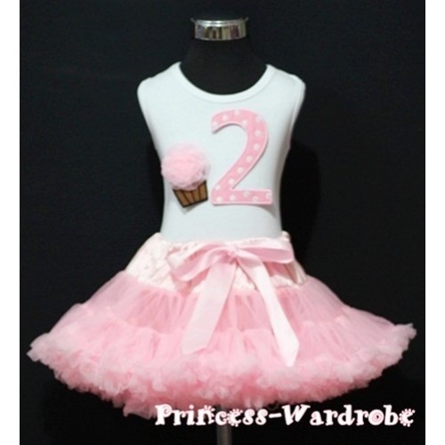 White Tank Top & 2nd Birthday Light Pink White Polka Dots Print number & Light Pink Rosettes Cupcake with Light Pink Pettiskirt MM20 