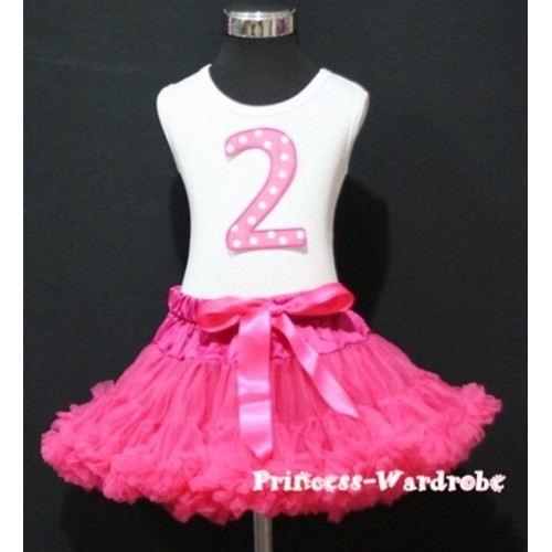 White Tank Top & 2nd Birthday Hot Pink White Polka Dots Print number with Hot Pink Pettiskirt MM26 