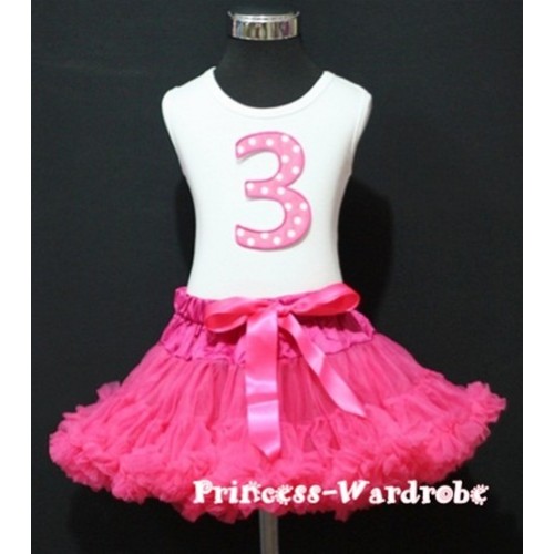 White Tank Top & 3rd Birthday Hot Pink White Polka Dots Print number With Hot Pink Pettiskirt MM27 