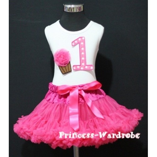 White Tank Top & 1st Birthday Hot Pink White Polka Dots Print number & Hot Pink Rosettes Cupcake with Hot Pink Pettiskirt MM31 