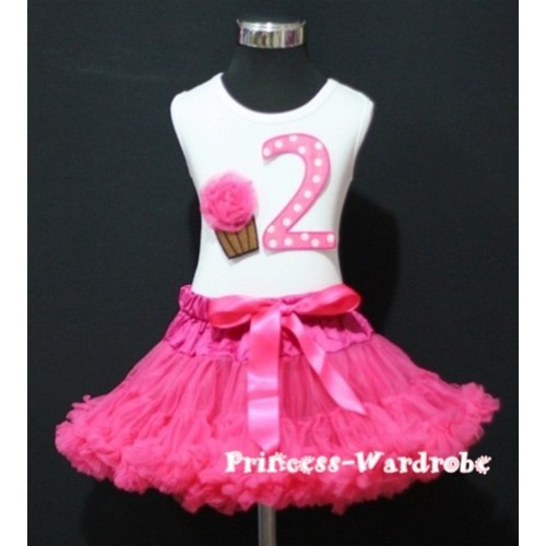 White Tank Top & 2nd Birthday Hot Pink White Polka Dots Print number & Hot Pink Rosettes Cupcake with Hot Pink Pettiskirt MM32 