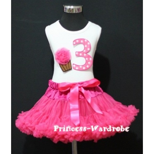 White Tank Top & 3rd Birthday Hot Pink White Polka Dots Print number & Hot Pink Rosettes Cupcake with Hot Pink Pettiskirt MM33 