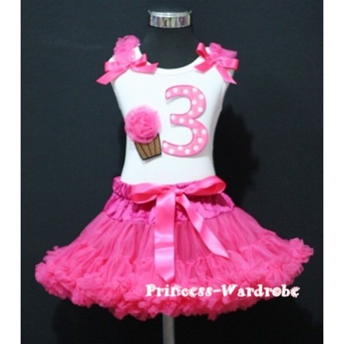 White Tank Top & 3rd Birthday Hot Pink White Polka Dots Print number & Hot Pink Rosettes Cupcake & Hot Pink Ruffles & Hot Pink Ribbon with Hot Pink Pettiskirt MM36 