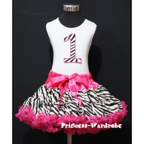 White Tank Top & 1st Birthday Hot Pink Zebra Print number With Hot Pink Zebra Pettiskirt MM37 