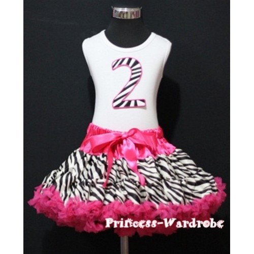 White Tank Top & 2nd Birthday Hot Pink Zebra Print number & Hot Pink Zebra Pettiskirt MM38 