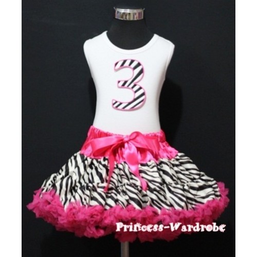 White Tank Top & 3rd Birthday Hot Pink Zebra Print number With Hot Pink Zebra Pettiskirt MM39 