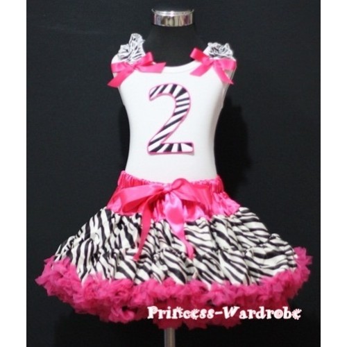 White Tank Top & 2nd Birthday Hot Pink Zebra Print number & Zebra Ruffles & Hot Pink Ribbon with Hot Pink Zebra Pettiskirt MM41 