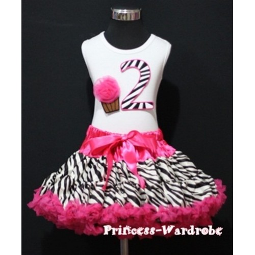 White Tank Top & 2nd Birthday Hot Pink Zebra Print number & Hot Pink Rosettes Cupcake with Hot Pink Zebra Pettiskirt MM44 