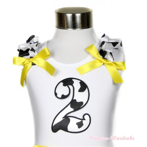 White Tank Top With 2nd Milk Cow Birthday Number Print with Milk Cow Ruffles & Yellow Bow TB391 