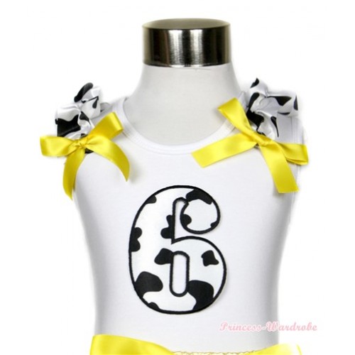 White Tank Top With 6th Milk Cow Birthday Number Print with Milk Cow Ruffles & Yellow Bow TB395 