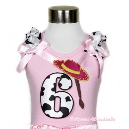 Light Pink Tank Top With 6th Cowgirl Hat Braid Milk Cow Birthday Number Print With Milk Cow Ruffles & Light Pink Bows TP56 