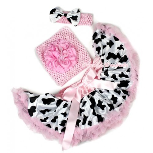 Light Pink Milk Cow Baby Pettiskirt,Light Pink Peony Light Pink Crochet Tube Top,Light Pink Headband Milk Cow Satin Bow 3PC Set CT612 