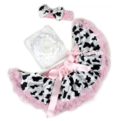 Light Pink Milk Cow Baby Pettiskirt,White Peony White Crochet Tube Top,Light Pink Headband Milk Cow Satin Bow 3PC Set CT614 
