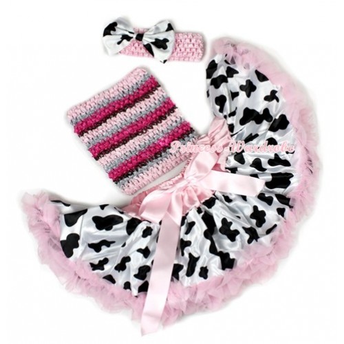 Light Pink Milk Cow Baby Pettiskirt,Hot Pink Rainbow Crochet Tube Top,Light Pink Headband Milk Cow Satin Bow 3PC Set CT615 