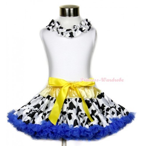 White Tank Top With Black White Milk Cow Satin Lacing With Yellow Royal Blue Milk Cow Pettiskirt MG638 