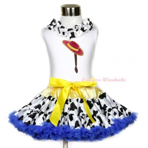 White Tank Top With Milk Cow Satin Lacing & Cowgirl Hat Braid Print With Yellow Royal Blue Milk Cow Pettiskirt MG639 