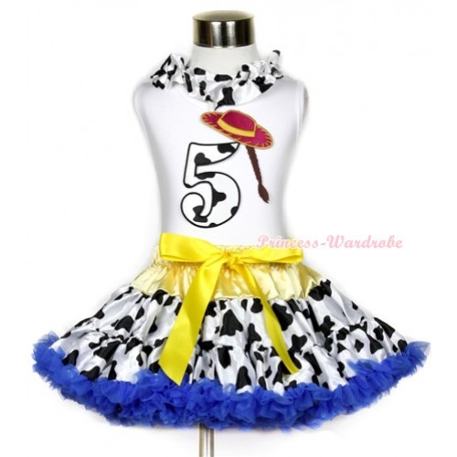 White Tank Top With Milk Cow Satin Lacing & 5th Cowgirl Hat Braid Milk Cow Birthday Number Print With Yellow Royal Blue Milk Cow Pettiskirt MG644 