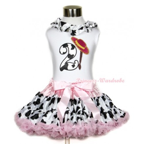 White Tank Top With Milk Cow Satin Lacing & 2nd Cowgirl Hat Braid Milk Cow Birthday Number Print With Light Pink Milk Cow Pettiskirt MG647 