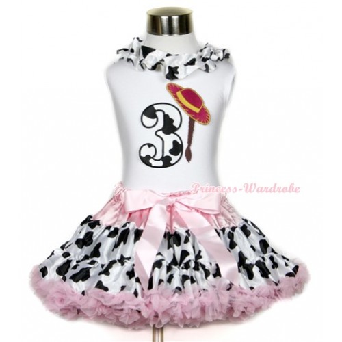 White Tank Top With Milk Cow Satin Lacing & 3rd Cowgirl Hat Braid Milk Cow Birthday Number Print With Light Pink Milk Cow Pettiskirt MG648 