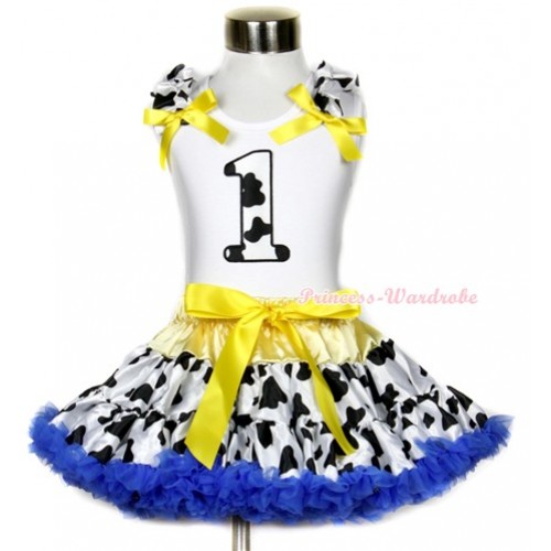 White Tank Top with 1st Milk Cow Birthday Number Print with Milk Cow Ruffles & Yellow Bow & Yellow Royal Blue Milk Cow Pettiskirt MG652 