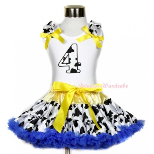 White Tank Top with 4th Milk Cow Birthday Number Print with Milk Cow Ruffles & Yellow Bow & Yellow Royal Blue Milk Cow Pettiskirt MG655 