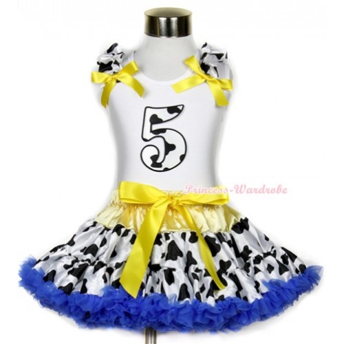 White Tank Top with 5th Milk Cow Birthday Number Print with Milk Cow Ruffles & Yellow Bow & Yellow Royal Blue Milk Cow Pettiskirt MG656 