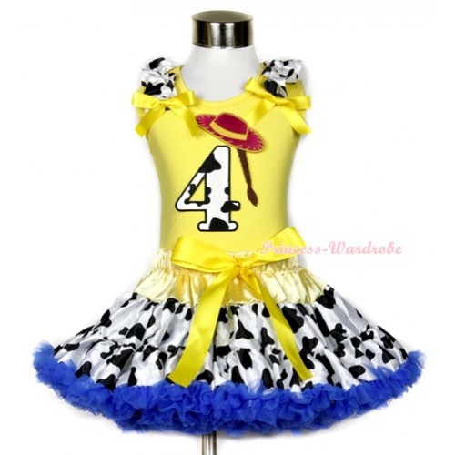 Yellow Tank Top with 4th Cowgirl Hat Braid Milk Cow Birthday Number Print with Milk Cow Ruffles & Yellow Bow & Yellow Royal Blue Milk Cow Pettiskirt M535 