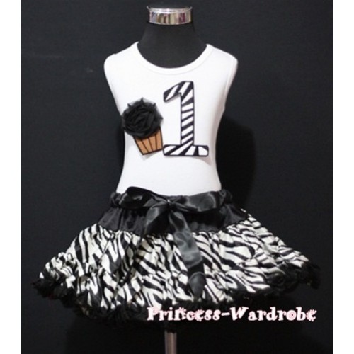 White Tank Top & 1st Birthday Black Zebra Print Number & Black Rosettes Cupcake with Black Zebra Pettiskirt MM61 