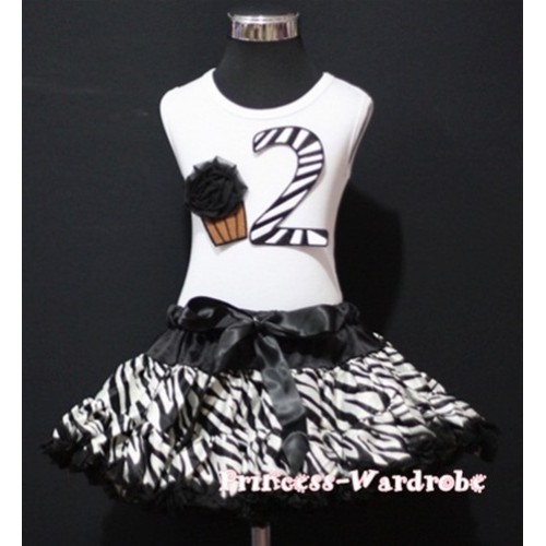 White Tank Top & 2nd Birthday Black Zebra Print number & Black Rosettes Cupcake with Black Zebra Pettiskirt MM62 