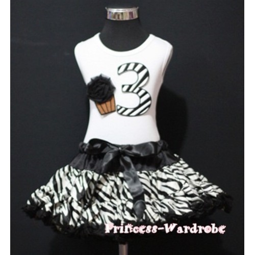 White Tank Top & 3rd Birthday Black Zebra Print number & Black Rosettes Cupcake with Black Zebra Pettiskirt MM63 