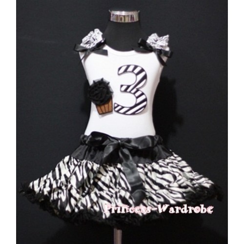 White Tank Top & 3rd Birthday Black Zebra Print number & Black Rosettes Cupcake & Zebra Ruffles & Black Ribbon with Black Zebra Pettiskirt MM66 