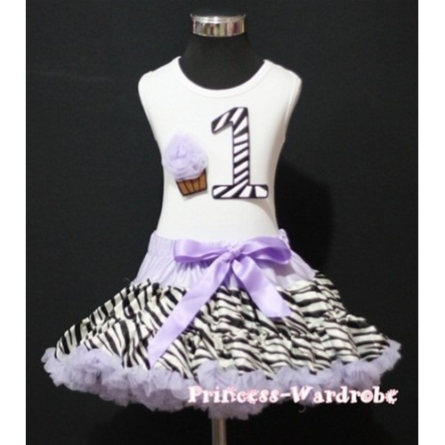 White Tank Top & 1st Birthday Black Zebra Print Number & Light Purple Rosettes Cupcake with Light Purple Zebra Pettiskirt MM73 